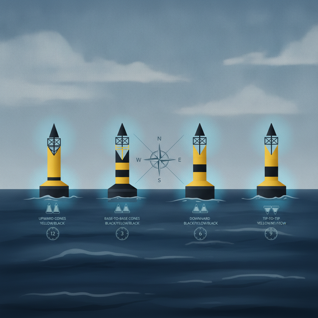 Diagram showing all four cardinal marks side by side with topmark orientation, colour banding labels, and compass positions around a central hazard