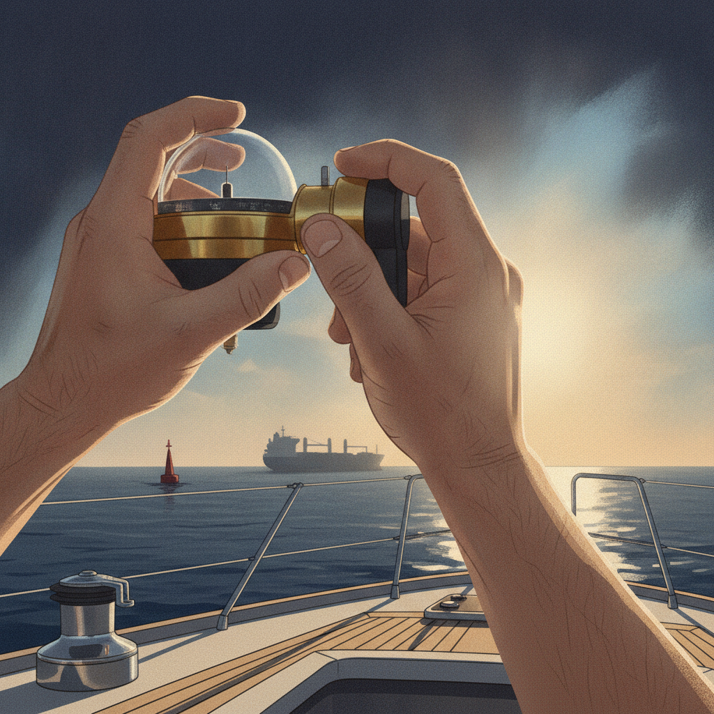 A watchkeeper on a yacht's cockpit taking a hand bearing compass reading on a vessel visible on the horizon, golden afternoon light, wide angle composition emphasising the open sea and the precision of the action