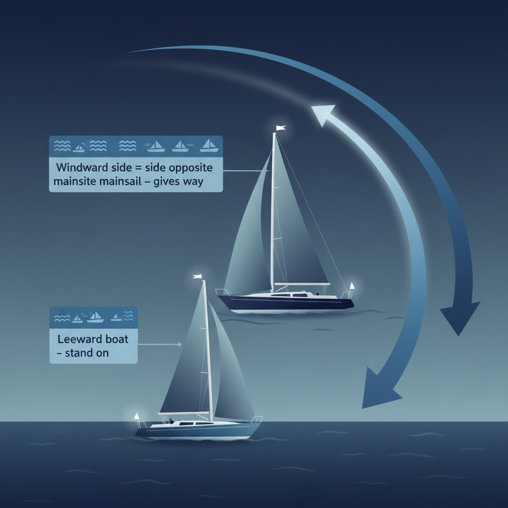 Diagram showing two sailing vessels on the same tack converging, with windward and leeward positions labelled and the give-way/stand-on relationship indicated by arrows