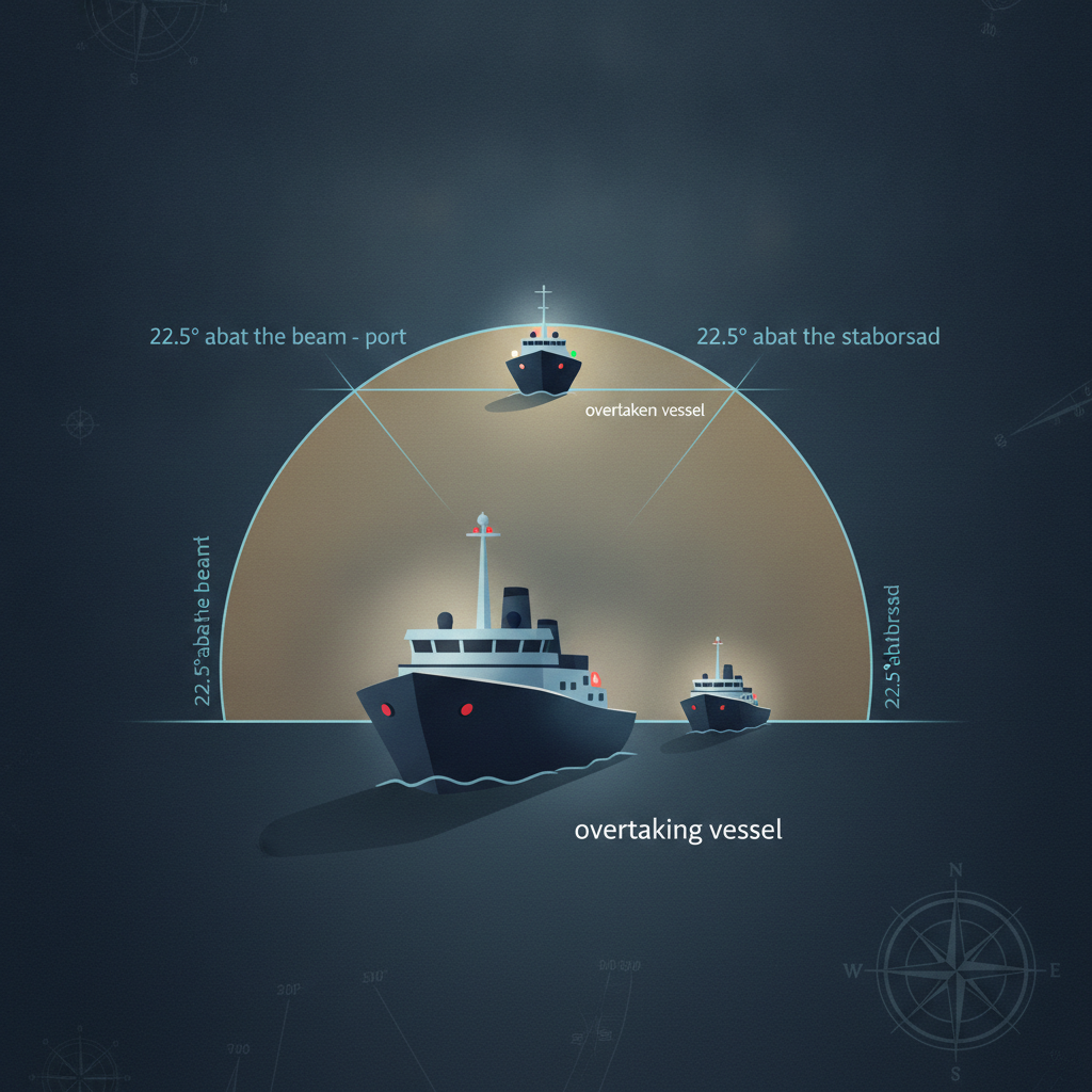 Diagram showing a vessel approaching within the 135-degree stern-light arc of a vessel ahead, with the 22.5-degree abaft-the-beam angles marked on each quarter
