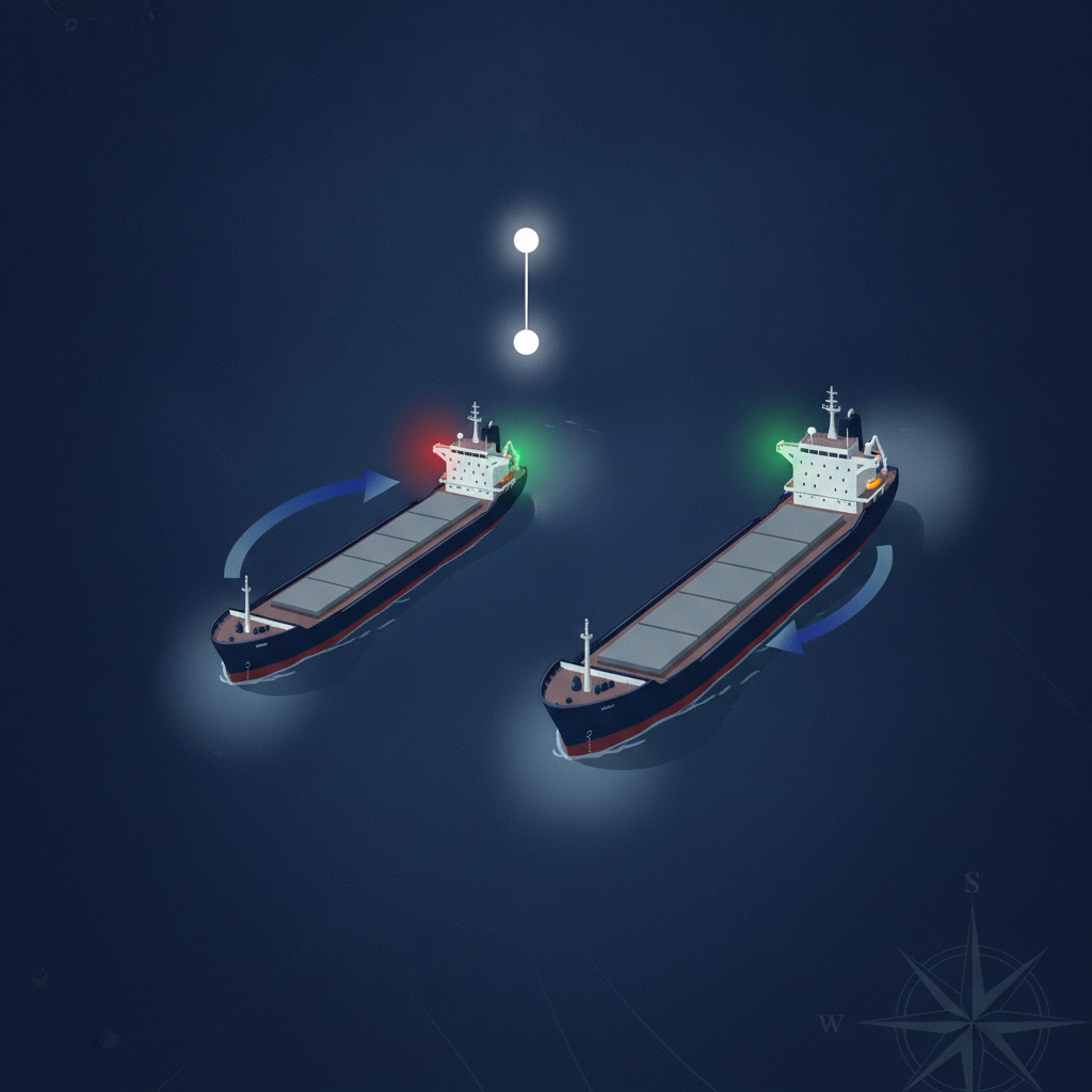 Two vessels meeting head-on at night, showing the oncoming vessel's red sidelight to the observer's left and green to the right, with two white masthead lights in line one above the other