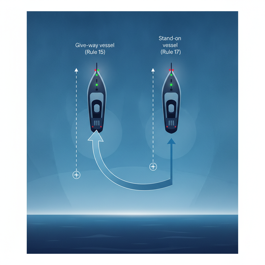 Diagram showing two power-driven vessels in a crossing situation, with bearing lines and arrows indicating the give-way vessel on the left and the stand-on vessel on the right
