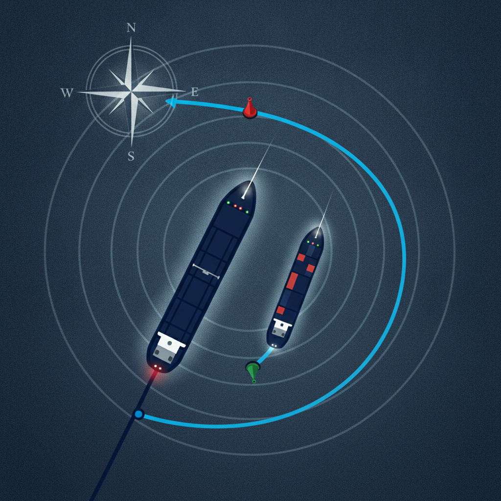 Two vessels on converging courses, one making a large, bold course alteration to starboard while the other maintains course, seen from slightly above and ahead, daylight, open sea, clear weather, technical nautical illustration style