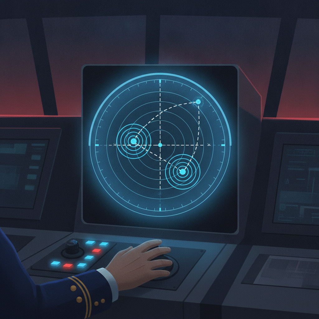 Close-up of a ship's chart table with a radar display showing two vessel echoes on converging tracks, officer's hand near the controls, dim red night-lighting, realistic nautical instrument detail