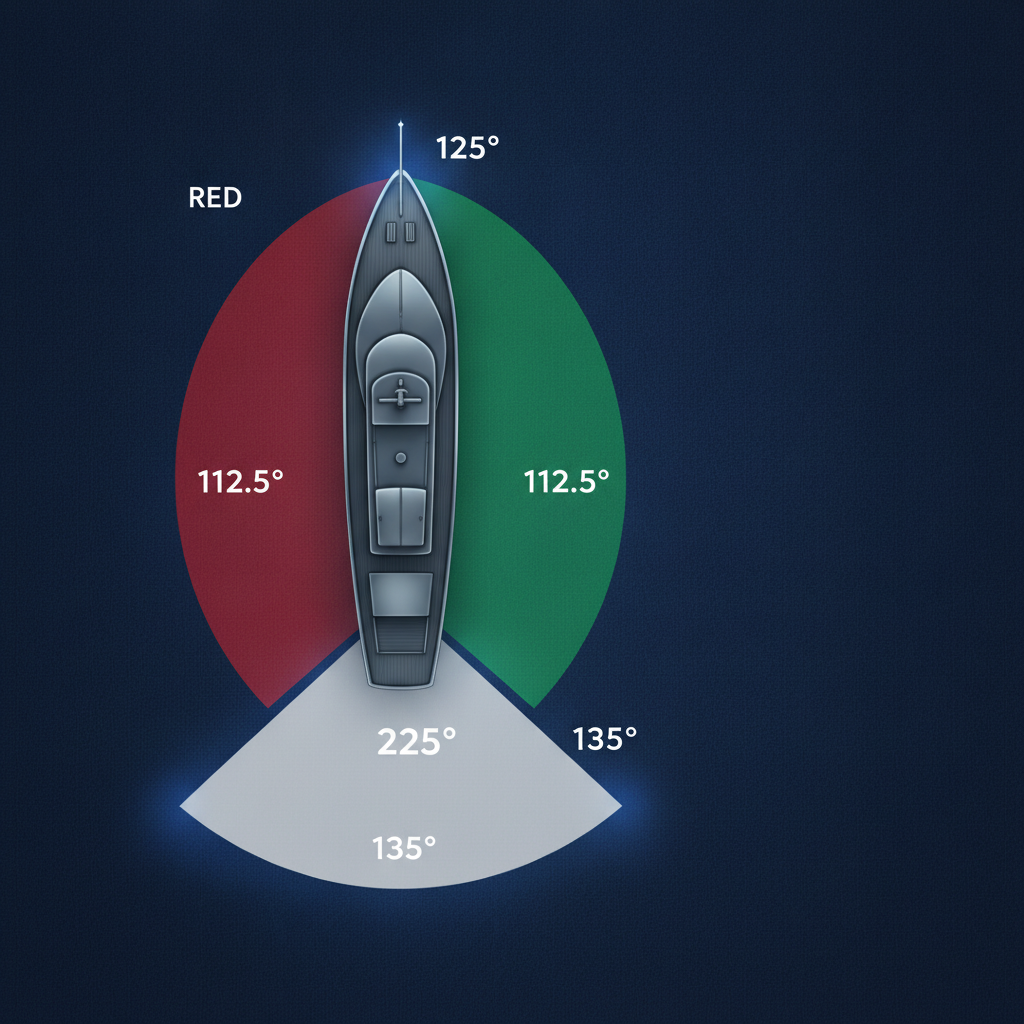 Diagram showing navigation light arcs for a power-driven vessel underway, with colour-coded sectors and degree values labelled clearly