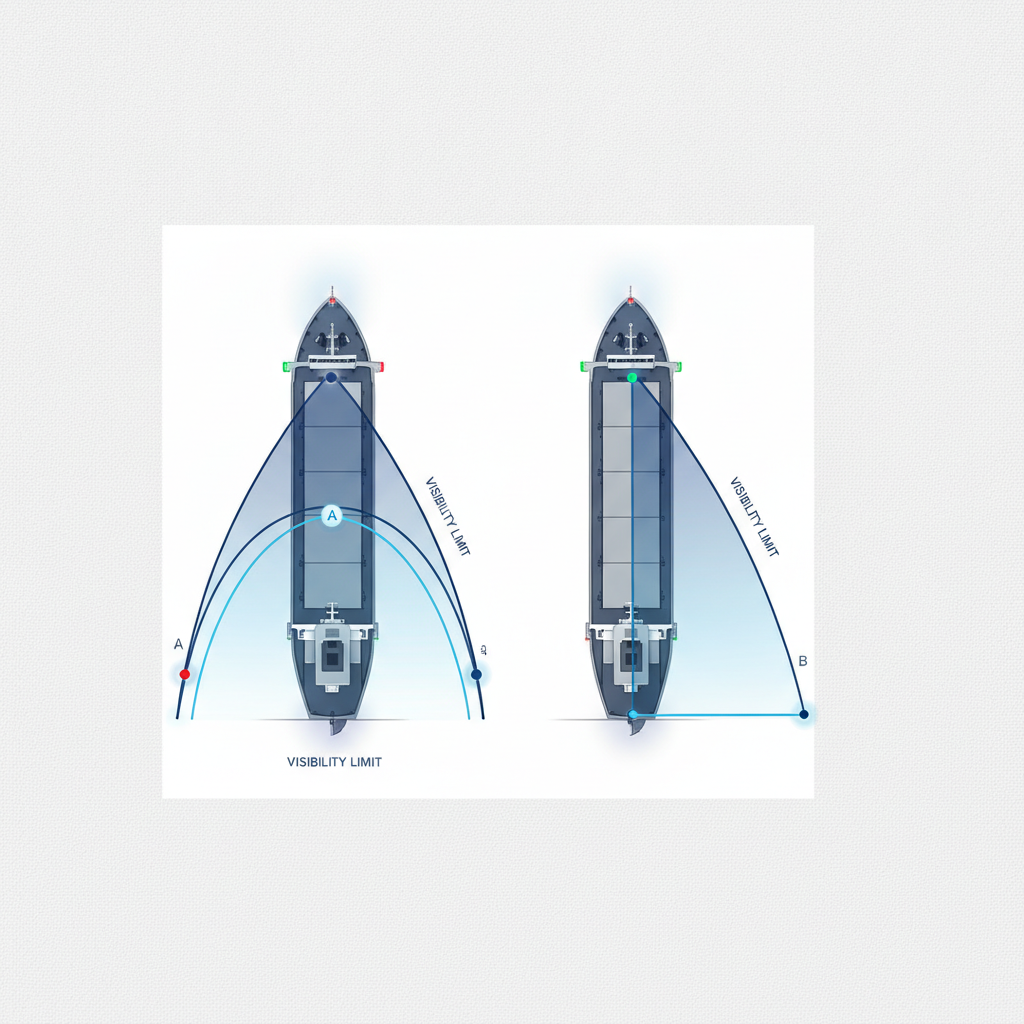 Diagram showing a vessel's stopping distance at different speeds, with visibility range overlaid to illustrate the relationship between speed and sightline
