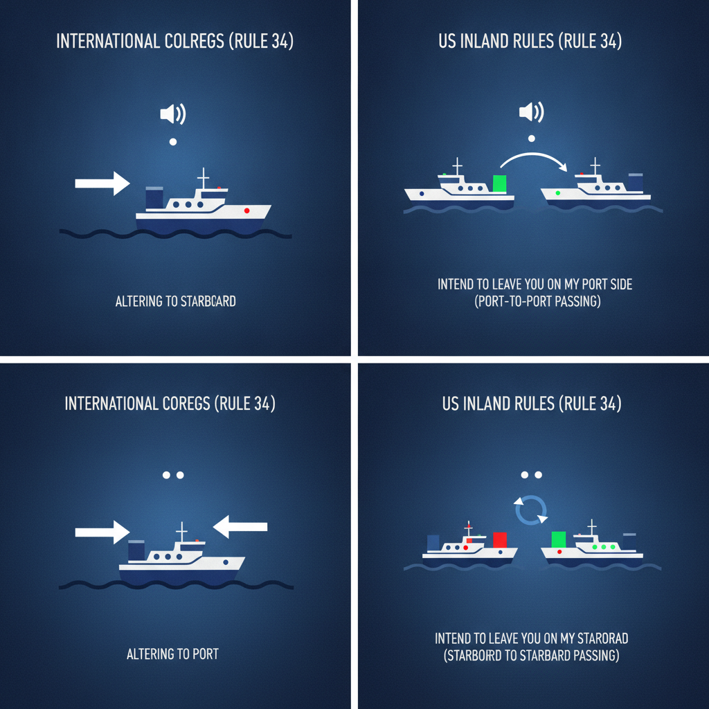 Diagram comparing International and US Inland sound signal meanings for one and two short blasts side by side