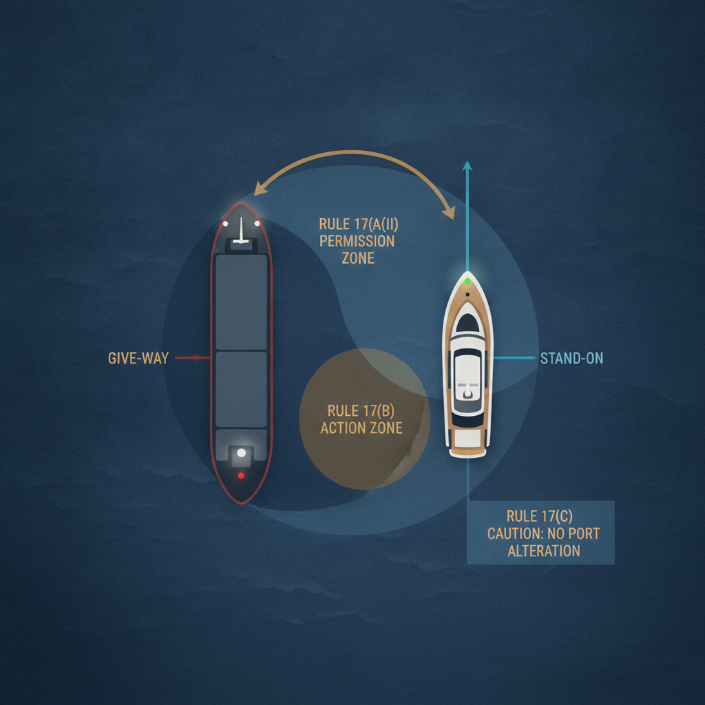 Top-down diagram of a crossing situation showing stand-on and give-way vessels with Rule 17 action zones annotated